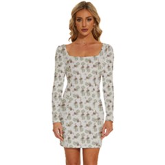 Warm Blossom Harmony Floral Pattern Long Sleeve Square Neck Bodycon Velvet Dress by dflcprintsclothing