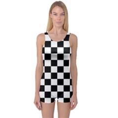 Black White Checker Pattern Checkerboard One Piece Boyleg Swimsuit by Cowasu