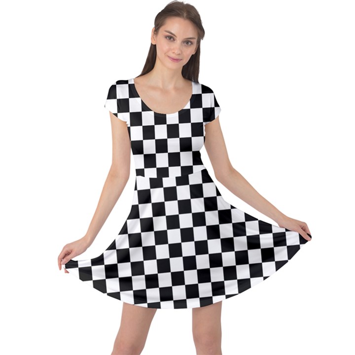 Black White Checker Pattern Checkerboard Cap Sleeve Dress