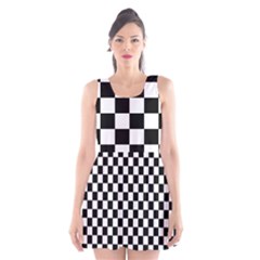 Black White Checker Pattern Checkerboard Scoop Neck Skater Dress by Cowasu