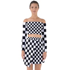 Black White Checker Pattern Checkerboard Off Shoulder Top With Skirt Set by Cowasu