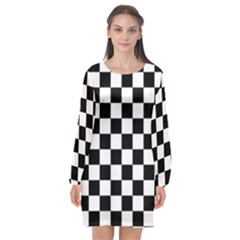 Black White Checker Pattern Checkerboard Long Sleeve Chiffon Shift Dress  by Cowasu