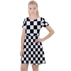 Black White Checker Pattern Checkerboard Cap Sleeve Velour Dress  by Cowasu