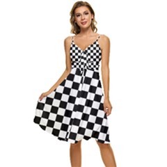 Black White Checker Pattern Checkerboard Sleeveless Tie Front Chiffon Dress by Cowasu