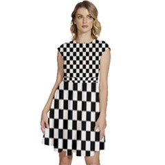 Black White Checker Pattern Checkerboard Cap Sleeve High Waist Dress by Cowasu