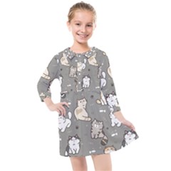 Cute Cat Pattern Cartoon Kids  Quarter Sleeve Shirt Dress by Cowasu