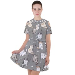 Cute Cat Pattern Cartoon Short Sleeve Shoulder Cut Out Dress  by Cowasu