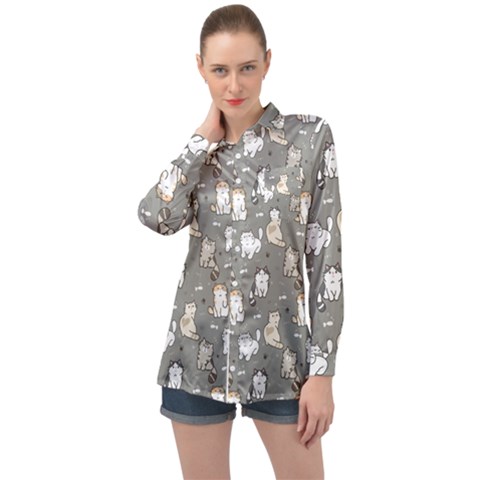 Cute Cat Pattern Cartoon Long Sleeve Satin Shirt by Cowasu