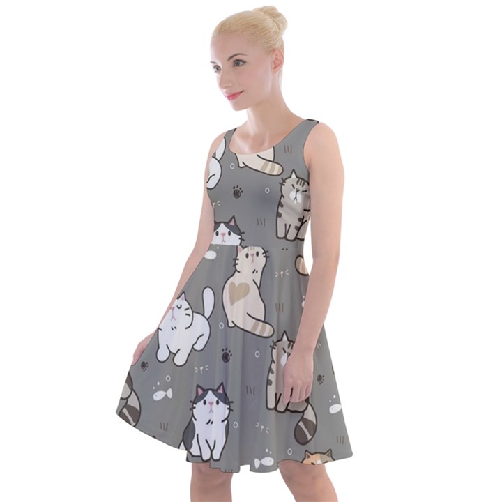 Cute Cat Pattern Cartoon Knee Length Skater Dress