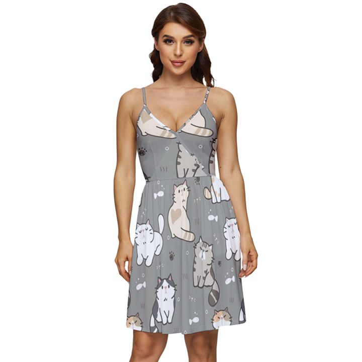 Cute Cat Pattern Cartoon V-Neck Pocket Summer Dress 