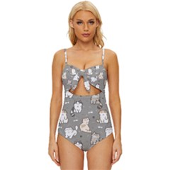 Cute Cat Pattern Cartoon Knot Front One-piece Swimsuit by Cowasu