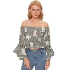 Cute Cat Pattern Cartoon Off Shoulder Flutter Bell Sleeve Top by Cowasu