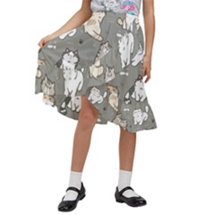 Cute Cat Pattern Cartoon Kids  Ruffle Flared Wrap Midi Skirt