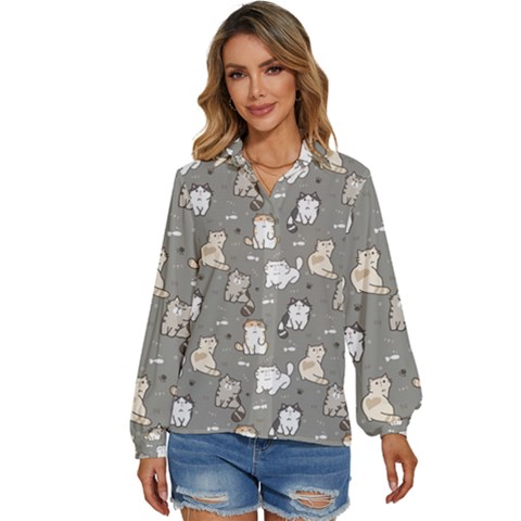 Cute Cat Pattern Cartoon Women s Long Sleeve Button Up Shirt by Cowasu