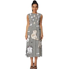 Cute Cat Pattern Cartoon Sleeveless Round Neck Midi Dress by Cowasu