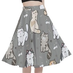 Cute Cat Pattern Cartoon A-line Full Circle Midi Skirt With Pocket