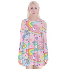 Bears Kawaii Pattern Velvet Long Sleeve Shoulder Cutout Dress by Cowasu