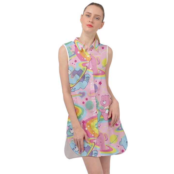 Bears Kawaii Pattern Sleeveless Shirt Dress