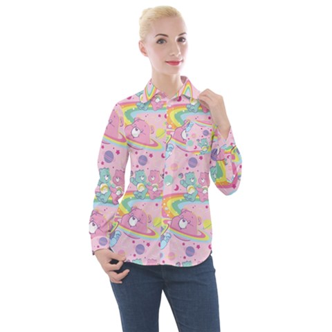 Bears Kawaii Pattern Women s Long Sleeve Pocket Shirt by Cowasu