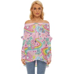 Bears Kawaii Pattern Off Shoulder Chiffon Pocket Shirt by Cowasu