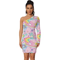 Bears Kawaii Pattern Long Sleeve One Shoulder Mini Dress by Cowasu