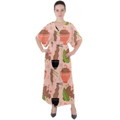 Japanese Street Food Soba Noodle In Bowl V-neck Boho Style Maxi Dress by Cowasu