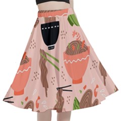 Japanese Street Food Soba Noodle In Bowl A-line Full Circle Midi Skirt With Pocket by Cowasu