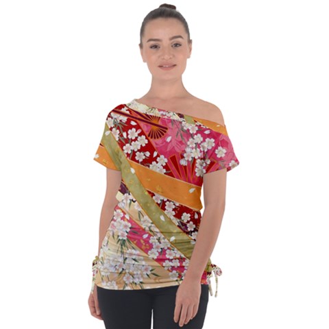 Japanese Kimono Pattern Off Shoulder Tie-up Tee by Cowasu