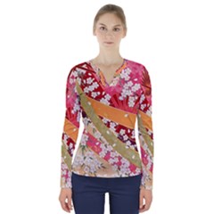 Japanese Kimono Pattern V-neck Long Sleeve Top by Cowasu