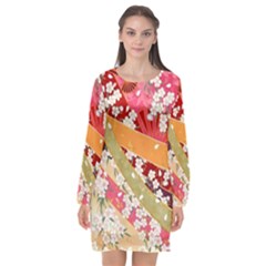 Japanese Kimono Pattern Long Sleeve Chiffon Shift Dress  by Cowasu