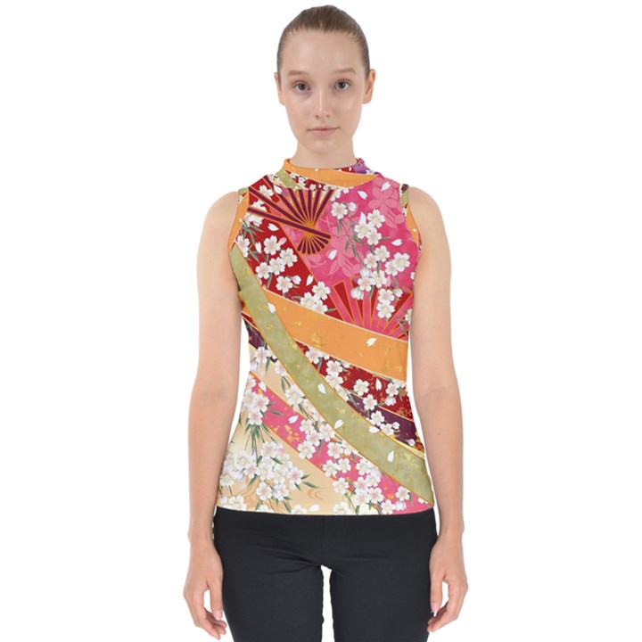 Japanese Kimono Pattern Mock Neck Shell Top