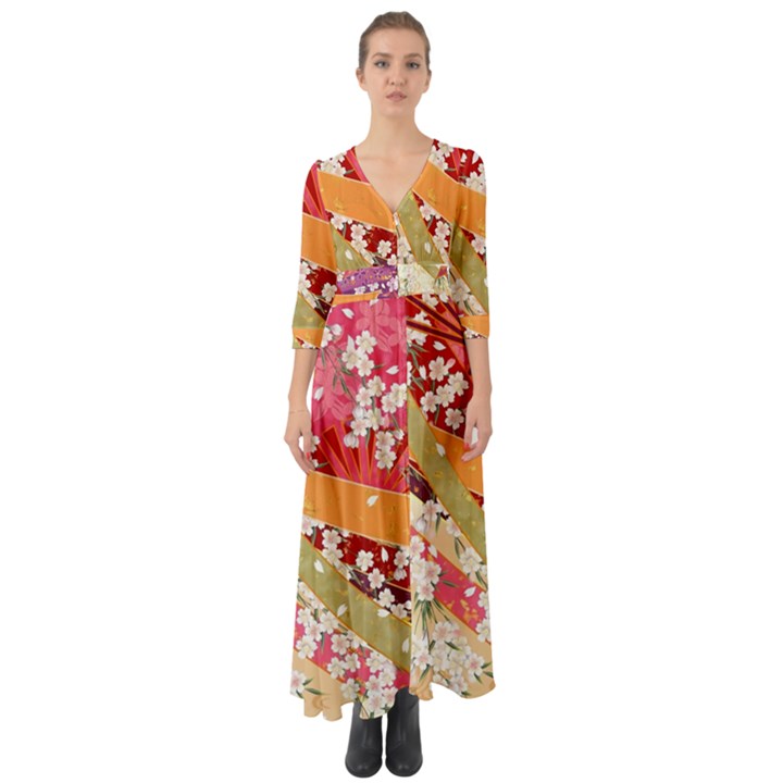 Japanese Kimono Pattern Button Up Boho Maxi Dress