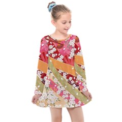 Japanese Kimono Pattern Kids  Long Sleeve Dress by Cowasu