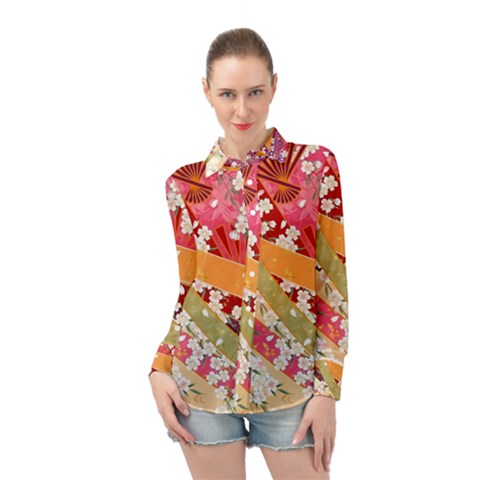 Japanese Kimono Pattern Long Sleeve Chiffon Shirt by Cowasu