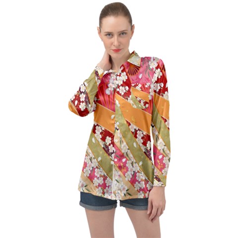 Japanese Kimono Pattern Long Sleeve Satin Shirt by Cowasu