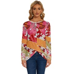 Japanese Kimono Pattern Long Sleeve Crew Neck Pullover Top by Cowasu