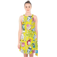 Robot Pattern Lego Halter Collar Waist Tie Chiffon Dress by Cowasu