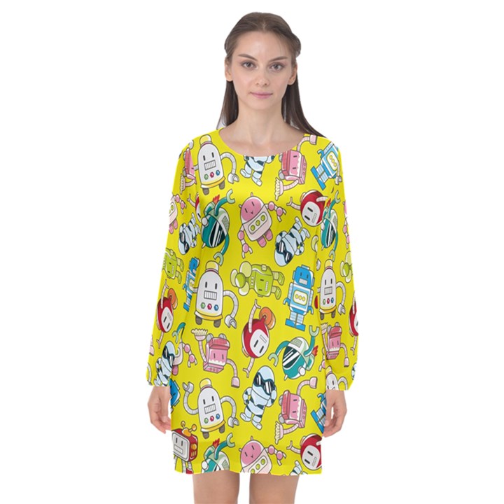 Robot Pattern Lego Long Sleeve Chiffon Shift Dress 