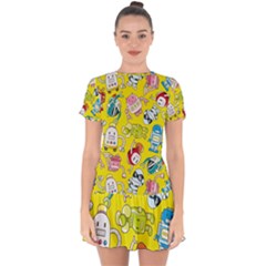 Robot Pattern Lego Drop Hem Mini Chiffon Dress by Cowasu