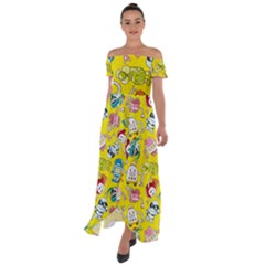 Robot Pattern Lego Off Shoulder Open Front Chiffon Dress by Cowasu