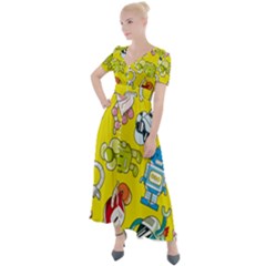 Robot Pattern Lego Button Up Short Sleeve Maxi Dress by Cowasu