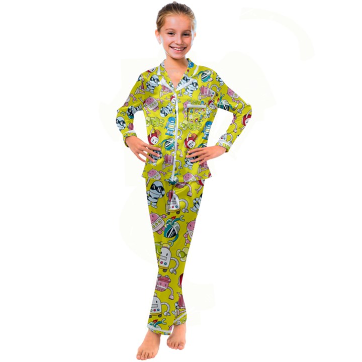 Robot Pattern Lego Kids  Satin Long Sleeve Pajamas Set