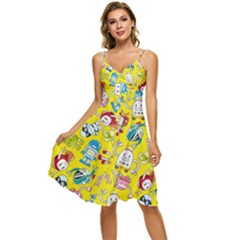 Robot Pattern Lego Sleeveless Tie Front Chiffon Dress by Cowasu