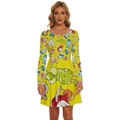 Robot Pattern Lego Long Sleeve Wide Neck Velvet Dress by Cowasu