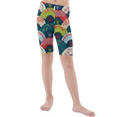 Japanese Fans Bright Pattern Kids  Mid Length Swim Shorts by Cowasu