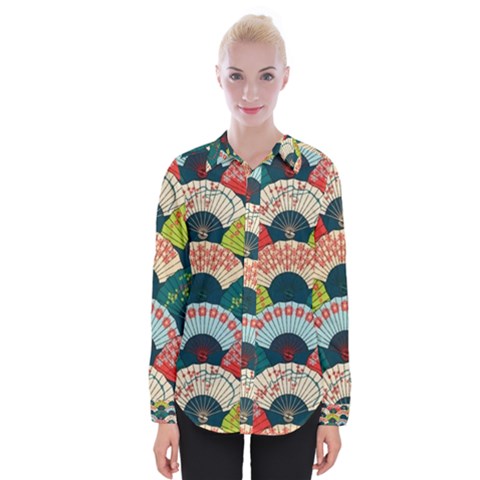 Japanese Fans Bright Pattern Womens Long Sleeve Shirt by Cowasu