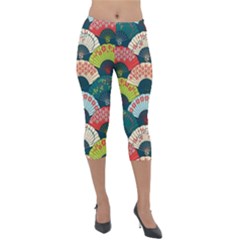 Japanese Fans Bright Pattern Lightweight Velour Capri Leggings  by Cowasu