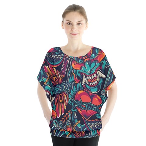 Japanese Graffiti Batwing Chiffon Blouse by Cowasu