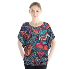 Japanese Graffiti Batwing Chiffon Blouse