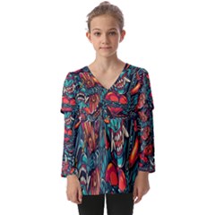 Japanese Graffiti Kids  V Neck Casual Top by Cowasu